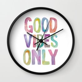 Good Vibes Only Watercolor Rainbow Typography Poster Inspirational childrens room nursery Wall Clock