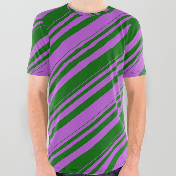 Orchid & Dark Green Colored Striped Pattern All Over Graphic Tee