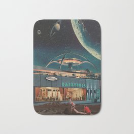 a Postcard from year 2346 Bath Mat | Scifi, Galaxy, Stars, Planets, Nostalgia, Frankmoth, Space, Retrofuture, 1950S, 1960S 