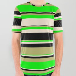 [ Thumbnail: Dark Khaki, Lime, Beige, and Black Colored Striped Pattern All Over Graphic Tee ]