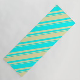 [ Thumbnail: Pale Goldenrod and Cyan Colored Striped/Lined Pattern Yoga Mat ]