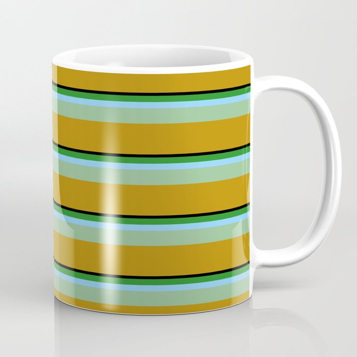 Vibrant Black, Forest Green, Light Sky Blue, Dark Sea Green & Dark Goldenrod Colored Stripes Pattern Coffee Mug