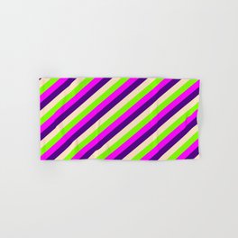 [ Thumbnail: Chartreuse, Fuchsia, Indigo & Bisque Colored Lined/Striped Pattern Hand & Bath Towel ]