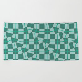 Warped Checkerboard Grid Illustration Playful Teal Green Beach Towel