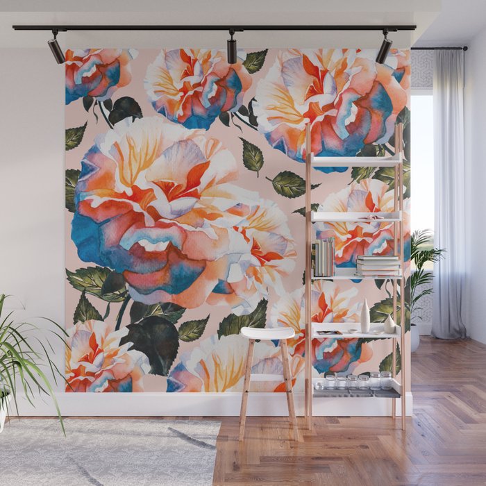 Big Flowers Blue Orange Wall Mural By Mmartabc Society6