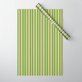[ Thumbnail: Light Pink, Green & Forest Green Colored Lines Pattern Wrapping Paper ]