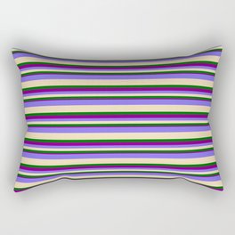 [ Thumbnail: Medium Slate Blue, Tan, Dark Green & Purple Colored Pattern of Stripes Rectangular Pillow ]