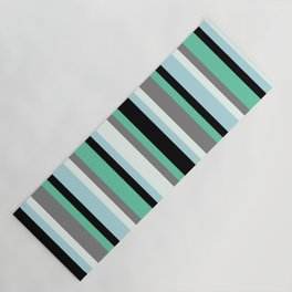 [ Thumbnail: Aquamarine, Black, Powder Blue, Mint Cream, and Gray Colored Pattern of Stripes Yoga Mat ]