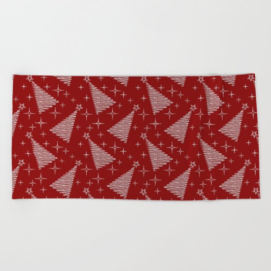 Merry Christmas- Abstract christmas tree pattern on festive red Beach Towel