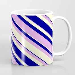 [ Thumbnail: Blue, Plum, and Light Yellow Colored Lines Pattern Coffee Mug ]