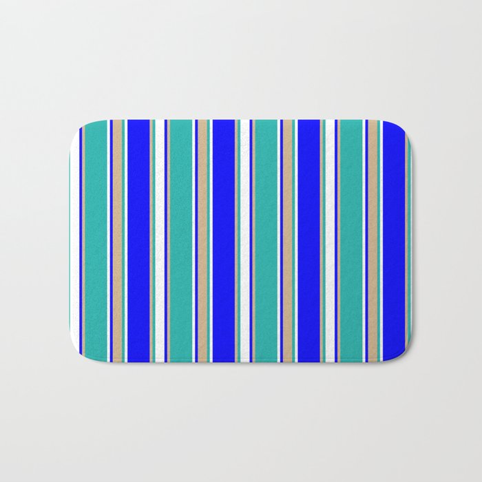 Blue, Tan, Light Sea Green, and White Colored Striped Pattern Bath Mat