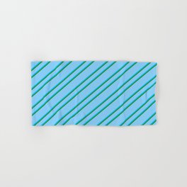 [ Thumbnail: Light Sky Blue, Deep Sky Blue, and Forest Green Colored Striped Pattern Hand & Bath Towel ]