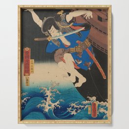 Samurai Jumping From The Ship Into The Sea - Antique Japanese Ukiyo-e Woodblock Print Art Serving Tray
