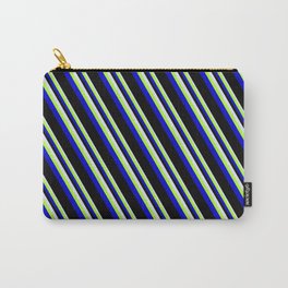 [ Thumbnail: Lavender, Light Green, Blue & Black Colored Pattern of Stripes Carry-All Pouch ]