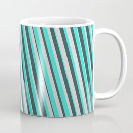 [ Thumbnail: Turquoise, Dark Slate Gray, and Light Gray Colored Pattern of Stripes Coffee Mug ]