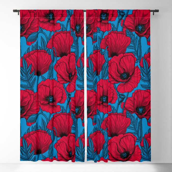 Red poppy garden on blue Blackout Curtain
