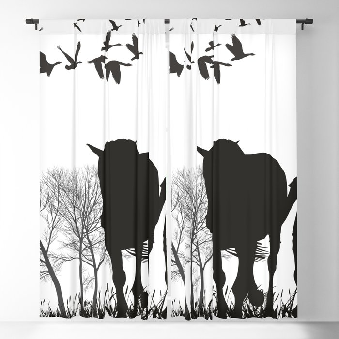 Woman on a nature trip with a horse Blackout Curtain