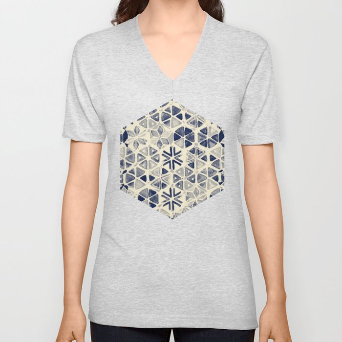 Hand Painted Triangle & Honeycomb Ink Pattern - indigo & cream V Neck T Shirt