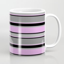 [ Thumbnail: Plum, Black, Gray, and Dark Grey Colored Striped/Lined Pattern Coffee Mug ]