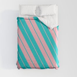 [ Thumbnail: Dark Turquoise and Light Pink Colored Striped Pattern Duvet Cover ]