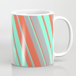 [ Thumbnail: Red, Aquamarine, and Dark Grey Colored Lined/Striped Pattern Coffee Mug ]