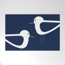 Shorebird Pair - Minimalist Beach Birds in White and Nautical Navy Blue Welcome Mat