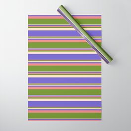 [ Thumbnail: Light Coral, Green, Bisque & Slate Blue Colored Striped/Lined Pattern Wrapping Paper ]