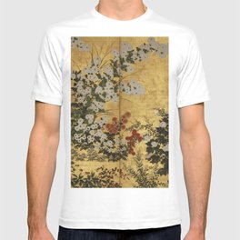 White Red Chrysanthemums Floral Japanese Gold Screen T Shirt
