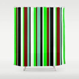 [ Thumbnail: Eyecatching Aquamarine, Maroon, Lime, Mint Cream & Black Colored Lined/Striped Pattern Shower Curtain ]