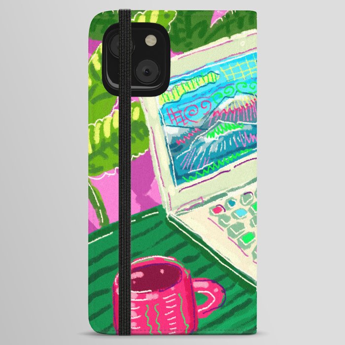 Colorful illustration with laptop and a cup of tea iPhone Wallet Case