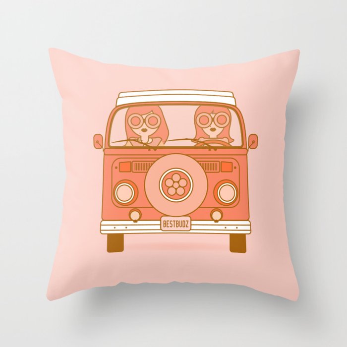 Daisy Best Buds Retro Westfalia in Pink + Orange Throw Pillow