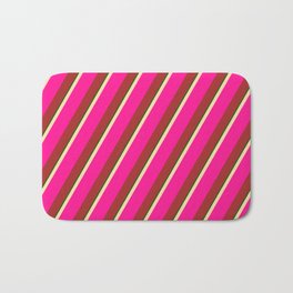 [ Thumbnail: Tan, Deep Pink, Brown & Dark Green Colored Stripes/Lines Pattern Bath Mat ]