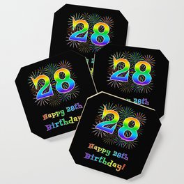 [ Thumbnail: 28th Birthday - Fun Rainbow Spectrum Gradient Pattern Text, Bursting Fireworks Inspired Background Coaster ]