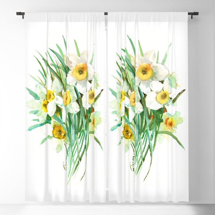 White Daffodils, spring flowers yellow green spring floral design Blackout Curtain