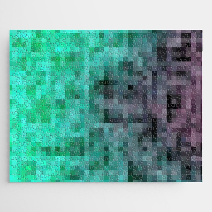 geometric pixel square pattern abstract background in green blue brown Jigsaw Puzzle