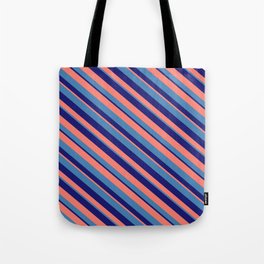 [ Thumbnail: Blue, Midnight Blue, and Salmon Colored Stripes Pattern Tote Bag ]