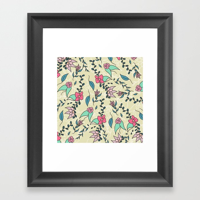 Hand drawn floral pink green blue fall flowers pattern illustration Framed Art Print
