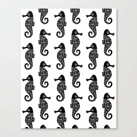 Seahorses black and white minimal pattern print hand drawn nature children kids painting cute animal Canvas Print