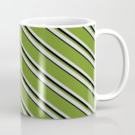 [ Thumbnail: Green, Light Grey, and Black Colored Pattern of Stripes Coffee Mug ]