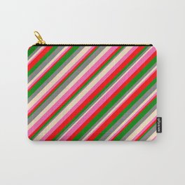 [ Thumbnail: Eye-catching Gray, Bisque, Hot Pink, Red & Green Colored Lines/Stripes Pattern Carry-All Pouch ]