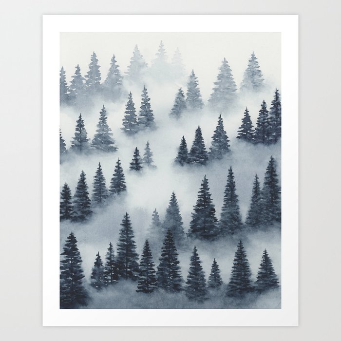 Blue Trees Above the Fog II - Dark Indigo Navy Foggy Forest Watercolor, Rustic Mountain Home Style Art Art Print