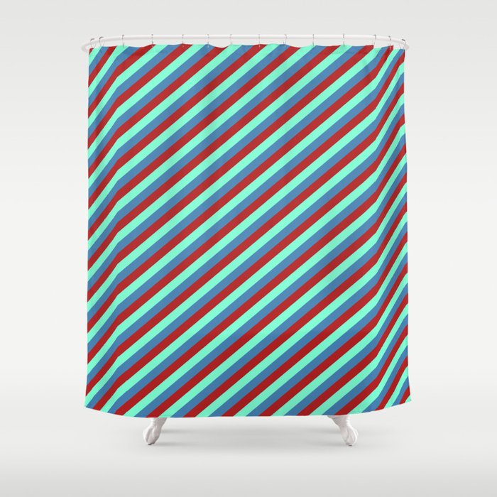 Aquamarine, Blue & Red Colored Lined/Striped Pattern Shower Curtain