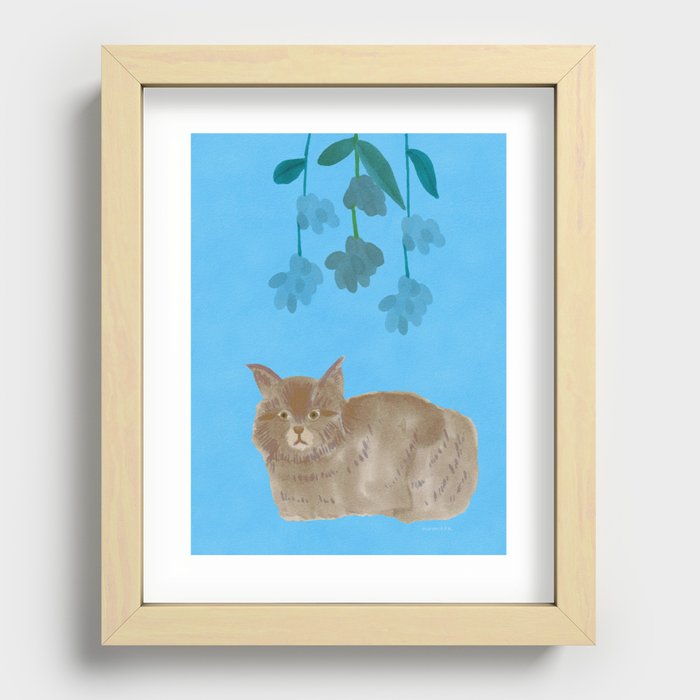 Cat and Flower - Brown and Azure Blue Recessed Framed Print