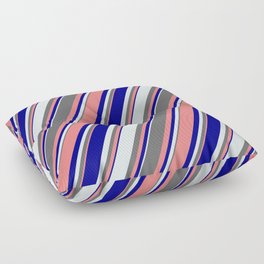 [ Thumbnail: Dim Grey, Light Coral, Dark Blue & Light Cyan Colored Stripes Pattern Floor Pillow ]