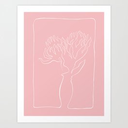 Blooming, the blooming stage of a pair of protea; pink ink drawing Art Print