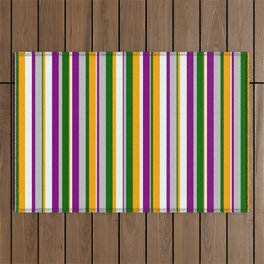[ Thumbnail: Colorful Grey, Purple, Mint Cream, Orange, and Dark Green Colored Stripes/Lines Pattern Outdoor Rug ]