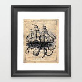 Octopus Kraken attacking Ship Antique Almanac Paper Framed Art Print