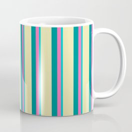 [ Thumbnail: Dark Turquoise, Hot Pink, Dark Cyan & Pale Goldenrod Colored Lined Pattern Coffee Mug ]