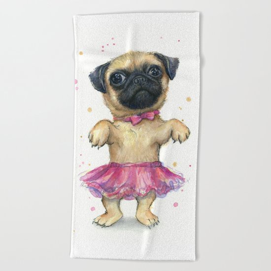 Pug in a Tutu Cute Animal Whimsical Dog Portrait Beach Towel