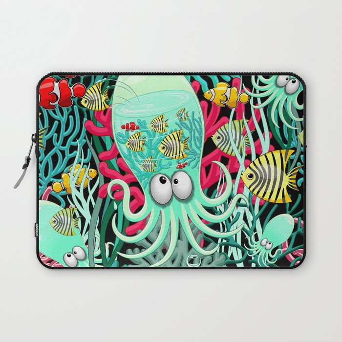 Octopus Silly Funny Character on Coral Reef Pattern Laptop Sleeve